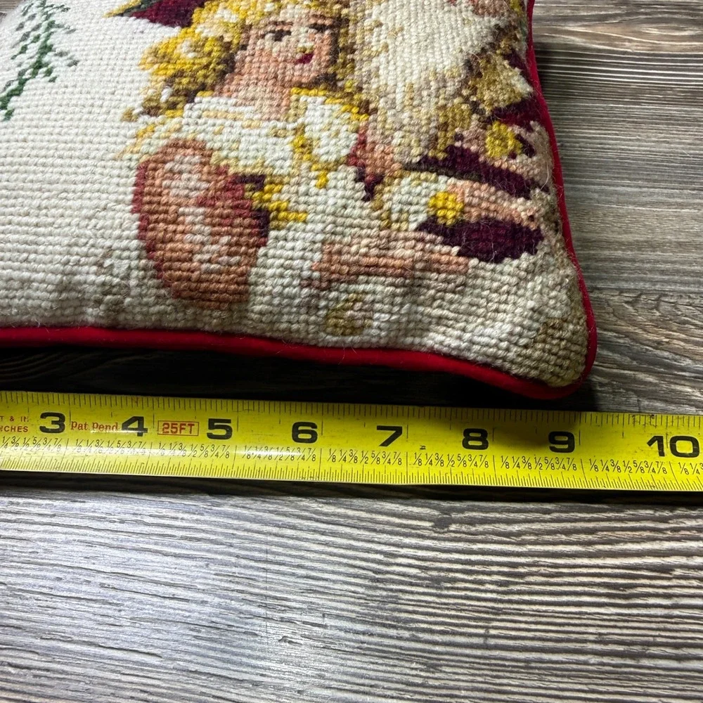 Vintage Needlepoint Christmas Pillow Santa and Girl Red Velvet Back 9x9.5